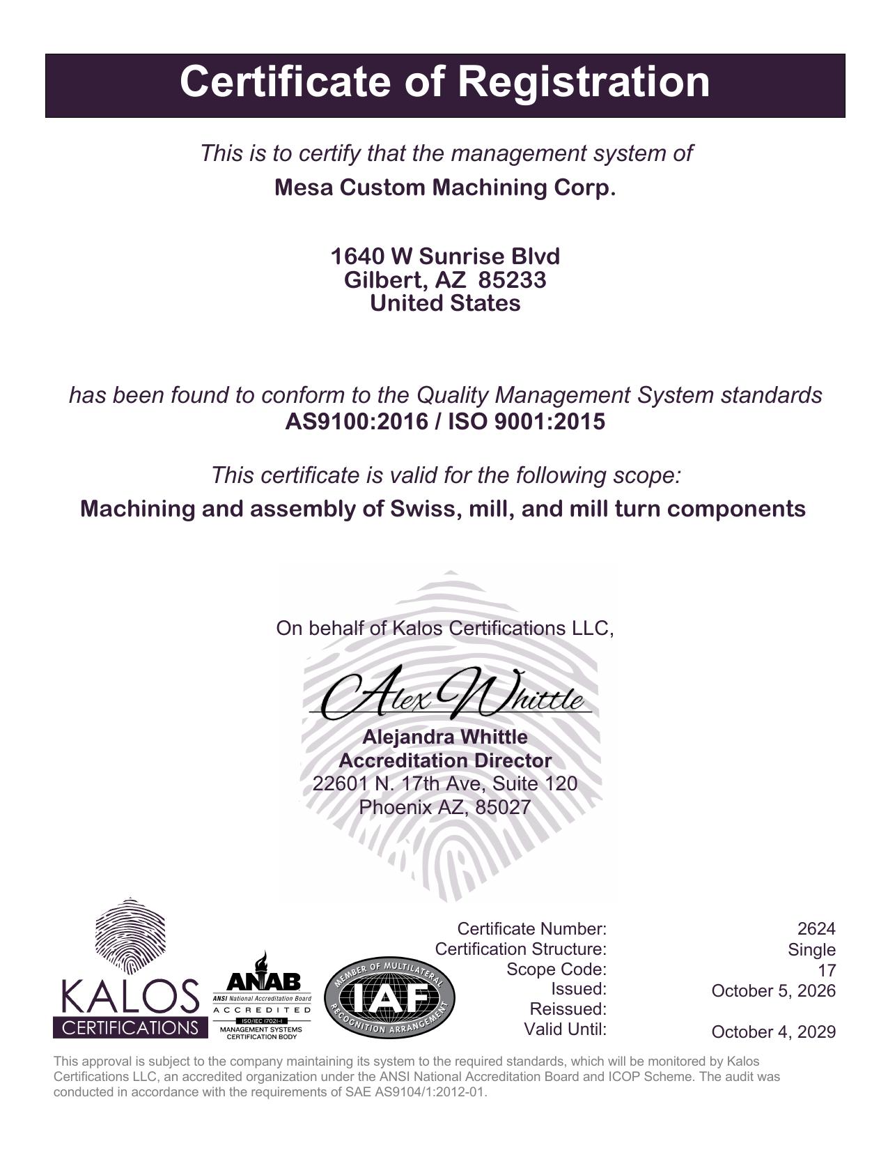 AS9100:2016 / ISO 9001:2015 Certificate of Registration for Mesa Custom Machining Corp., certificate number 2624, issued by Kalos Certifications LLC
